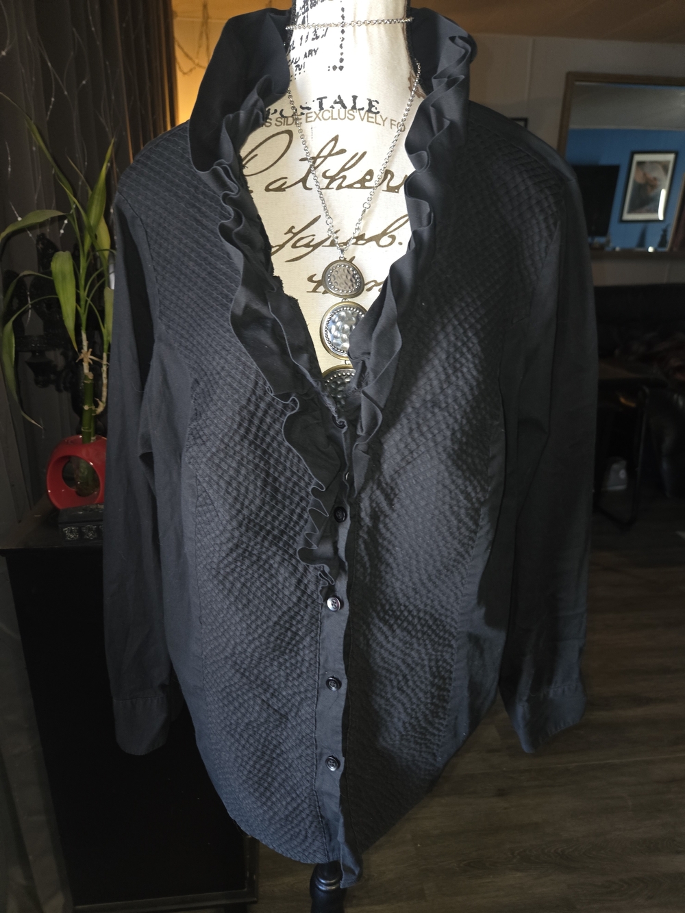 Gothic V Neck Ruffle High Collared Blouse. Button Down. Long Sleeve.